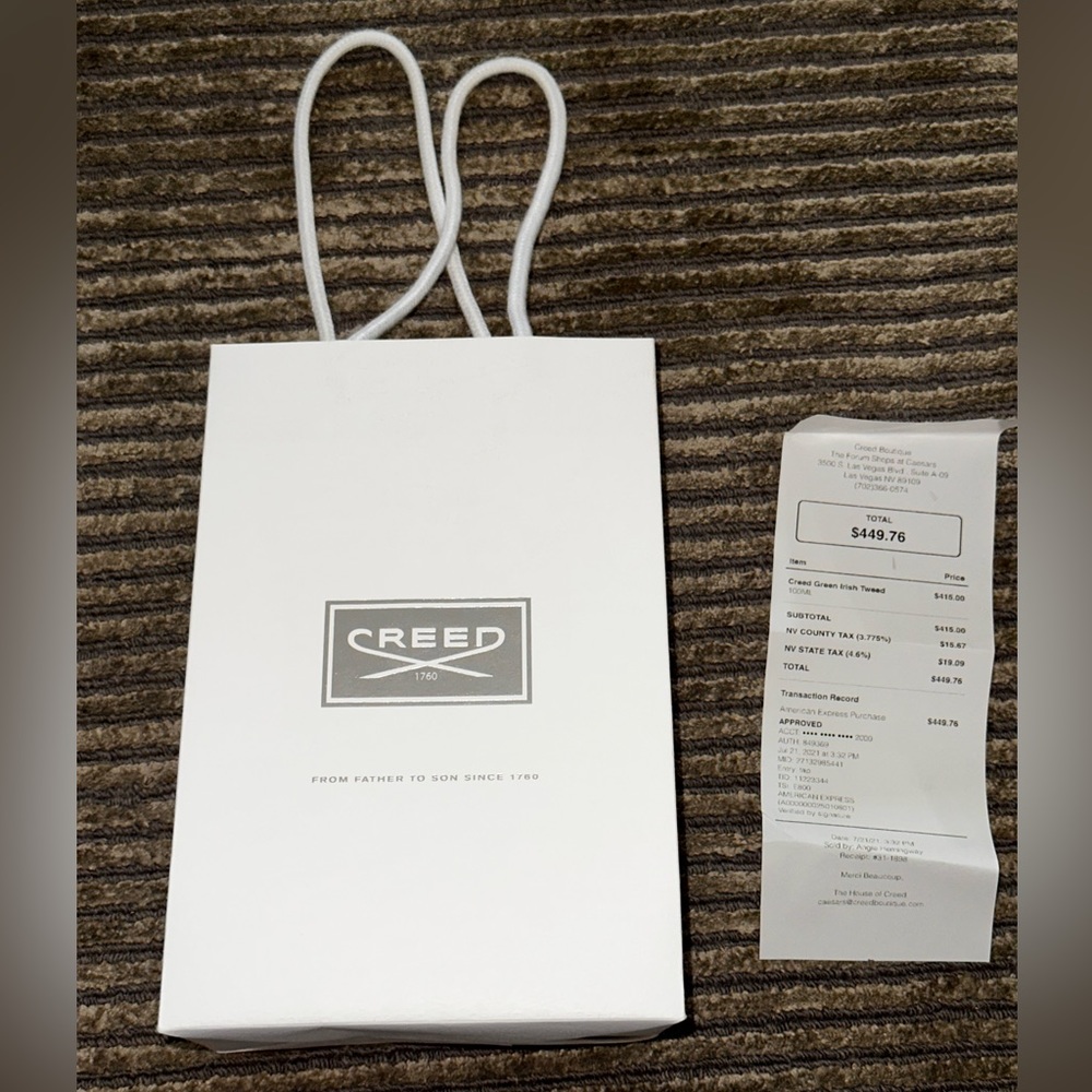 Creed shopping bag and original receipt Green Irish Tweed